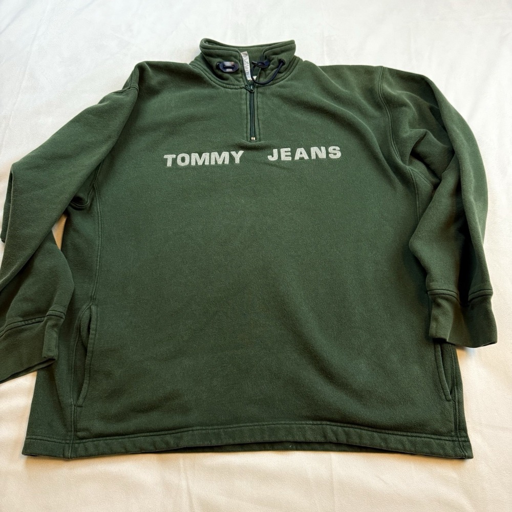 Tommy Jeans 1/4 Zip Pullover Spell Out XL‎ Green Shirt Grey Embroidery